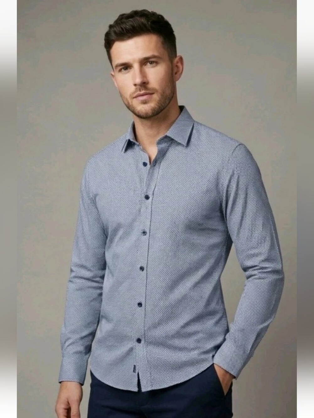 Ben Sherman Extra Slim Fit Stretch Long Sleeve Button Up Shirt Geometric Blue M